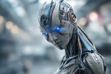 Poster - A futuristic robot with glowing blue eyes stares intensely in a close-up view, showcasing advanced artificial intelligence and robotic engineering technology.