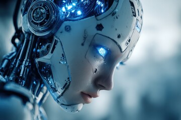 Poster - Close-up profile of a futuristic female android with glowing blue eyes and detailed mechanical structure, showcasing artificial intelligence and advanced robotics.
