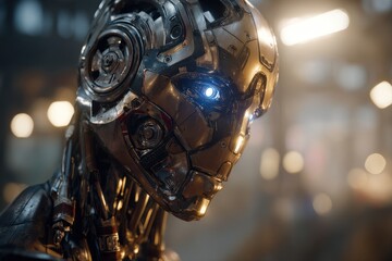 Poster - Close-up on a futuristic robot head with intricate mechanical details and glowing blue eye, showcasing advanced technology and artificial intelligence concept.