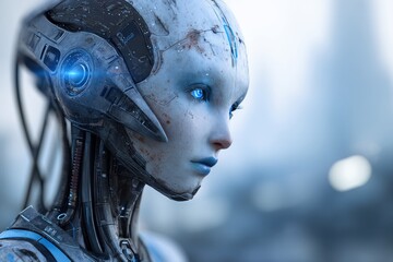 Poster - Futuristic Portrait: A stunning close-up of a female cyborg with glowing blue eyes, intricate mechanical details, and a sleek, modern design against blurred background.