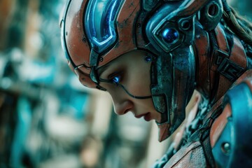 Poster - Close-up portrait of a futuristic woman with cybernetic enhancements, wearing a detailed helmet, looking down with glowing blue eyes in a stylized composition.