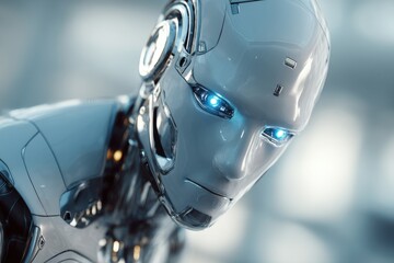 Poster - A futuristic humanoid robot with glowing blue eyes, artificial intelligence and sleek design, embodying the concept of advanced technology and the future.