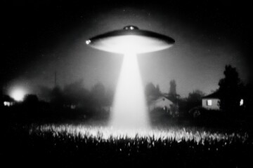 Poster - Mysterious black and white UFO hovering over a field, with a beam of light emanating downwards, creating a vintage, grainy atmosphere and an eerie, otherworldly feel.