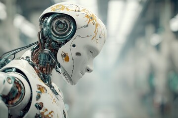 Poster - Close-up view of a futuristic humanoid robot with intricate mechanical details and a sleek, white exterior, embodying advanced technology and innovative design concept.