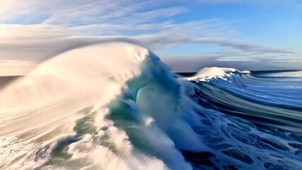 Poster - Powerful ocean waves crashing and forming white foam crests along the surface of the dark blue sea under an overcast sky