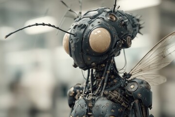 Poster - Close-up of a steampunk-style robotic fly with intricate mechanical details, shiny metallic body, wings, and large bulbous eyes against blurred background, futuristic design.