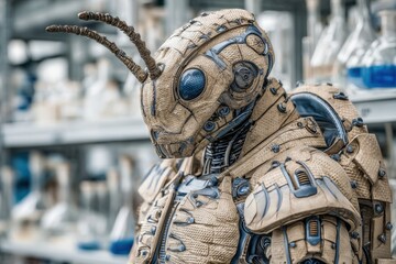 Poster - A detailed close-up of a biomechanical insectoid, showcasing intricate armor plating and advanced technology integrated into its design, set in a science lab.
