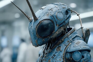 Poster - detailed close-up of a meticulously crafted, futuristic robotic insectoid figure, featuring a captiv