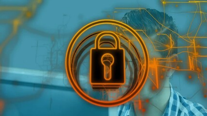 Poster - Man facing screen, padlock appearing then pulsing orange rings looping showing security circuitry