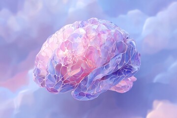 Poster - An abstract translucent brain, rendered in pink and blue, floats serenely against a soft, dreamy, cloudy, lavender-tinged sky for a creative, calming conceptual art piece.