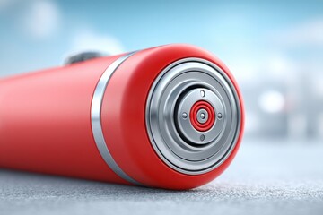 Poster - A close-up shot of a vibrant red and silver metallic object, featuring concentric circular patterns, contrasting colors, and industrial design elements, with a blurred background.