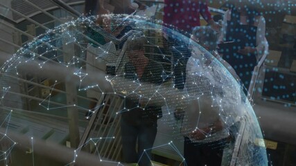 Poster - Six colleagues demonstrating business tech by tapping tablet and pointing at growing digital sphere