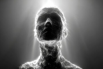 Poster - A mesmerizing depiction of a human head constructed from interconnected lines and dots, illuminated by ethereal light on a dark gradient background, modern and abstract.