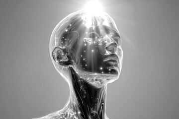A futuristic 3D rendering of a translucent human head with glowing light emitting from above, showcasing advanced technology and artificial intelligence concept.