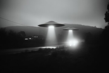 Poster - Eerie monochrome landscape featuring flying saucers over a quiet suburban road, casting beams on a house, evoking a sense of mystery and possible alien encounter.