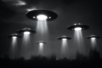 Poster - Dramatic monochrome illustration of multiple UFOs hovering over a silhouetted forest, emanating bright beams of light in a mysterious and unexplained scenario.