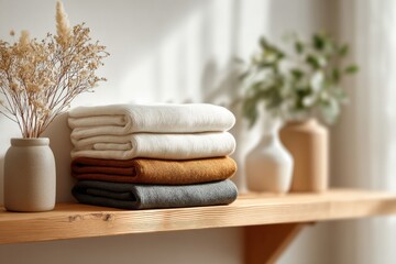 Poster - A beautifully styled arrangement of folded sweaters in neutral colors, displayed on a wooden shelf with decorative vases and natural light creating a cozy atmosphere.