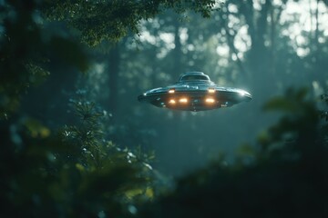 Aufkleber - A mysterious UFO hovers silently above the forest, casting an eerie glow through the dense trees and creating a sense of wonder and intrigue in the twilight.