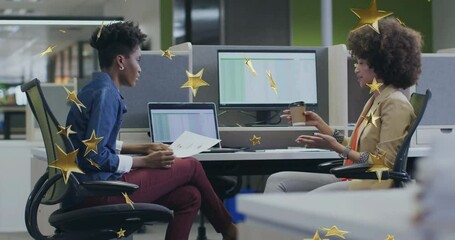 Poster - Coworkers offering coffee, reviewing charts for business with drifting gold stars boosting teamwork