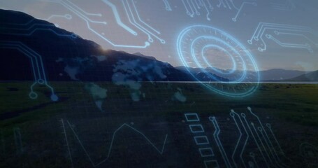 Poster - Holographic map and circuit patterns sweeping right, HUD emerging, icons rising, visualizing data
