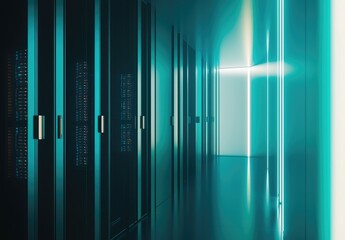 Fototapete - Minimalist corridor of a high-tech data center with sleek server racks and teal neon lighting, ideal for illustrating cloud storage, IT infrastructure, or digital security environments
