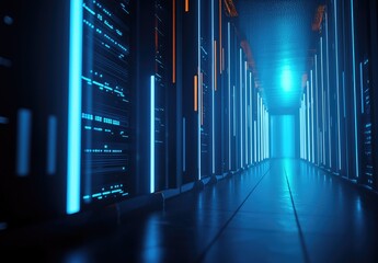 Fototapete - Low-angle view of a futuristic data center hallway lined with illuminated server racks and glowing lights, ideal for depicting cloud architecture, IT networks, or secure digital storage