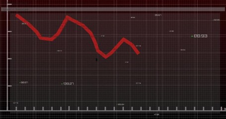 Poster - On data load red line graph oscillating across dark grid revealing trend fluctuations over time