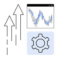 Poster - arrows rising upward alongside a candlestick chart and a gear icon represent progress, financial ana