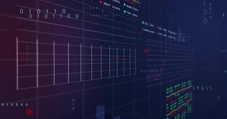 Poster - White grid lines snapping to focus guiding sliding binary digits as graphs visualizing data trends