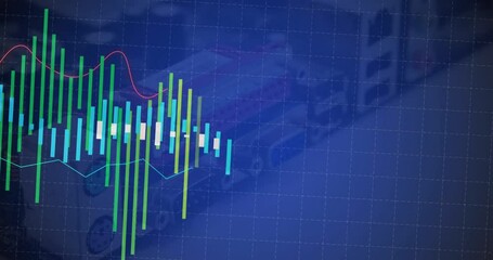 Poster - Blue grid initiating candlestick bars rising, shifting right, tracing red trend, blue average lines