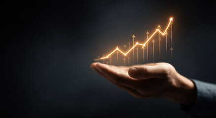 Poster - Hand holding glowing upward trend graph, symbolizing growth and success in business. image conveys optimism and progress