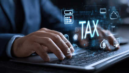 Poster - Digital tax concept with hands typing laptop, featuring holographic tax symbols and icons, conveying modern finance