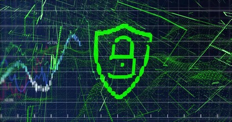 Poster - On start grid pulsing, shield emerging and unlocking padlock and locking as graphs showing security