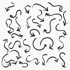 Poster - Black pencil arrow doodles set - hand drawn swirls, curved lines, chaotic pointers. Chalk sketches, artistic design elements pack. Grunge style marker scribbles, crayon strokes outline drawings. EPS10