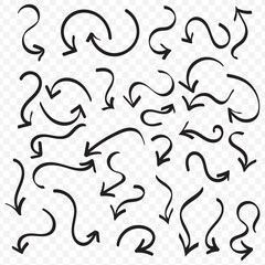 Poster - Black pencil arrow doodles set - hand drawn swirls, curved lines, chaotic pointers. Chalk sketches, artistic design elements pack. Grunge style marker scribbles, crayon strokes outline drawings. EPS10