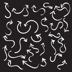 Poster - Black pencil arrow doodles set - hand drawn swirls, curved lines, chaotic pointers. Chalk sketches, artistic design elements pack. Grunge style marker scribbles, crayon strokes outline drawings. EPS10