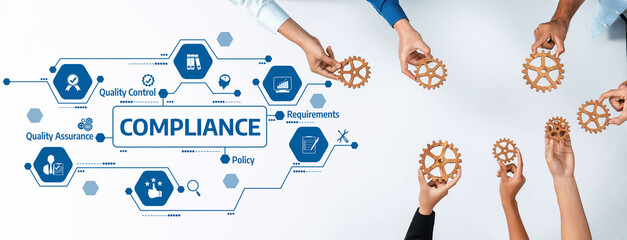 Aufkleber - Image showcasing hands holding gears symbolizing teamwork in compliance, policy, and quality control within a professional business environment. Amity