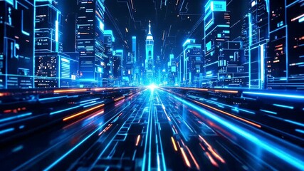 Poster - Futuristic cityscape illuminated with vibrant blue and orange neon lights showcasing high tech urban technology glowing brightly and digital energy