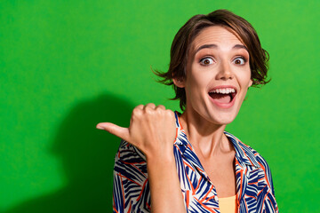 Poster - Photo of ecstatic woman dressed print blouse indicating at impressive discount empty space isolated on vivid green color background