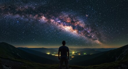 Stargazing adventure under the milky way galaxy in majestic mountain landscape