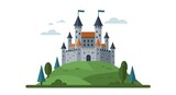 Castle Illustration on Hill with Trees and Clouds Simple Flat Design