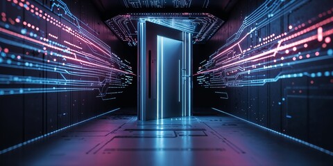 Poster - Futuristic corridor with glowing door and digital circuit patterns at night in a high-tech environment