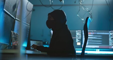 Poster - Computer, hacking and person with programming at night in control center for password phishing. Ransomware, technology and coder on website server for crime with database cyber attack for encryption.