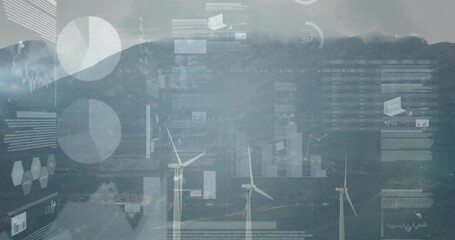 Poster - Mountain ridge appearing starting wind turbines emerging with charts animating showing energy data