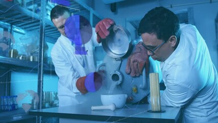 Aufkleber - Lab technicians lifting lid and pouring nitrogen over bowl, forming fog while pulsing data overlay
