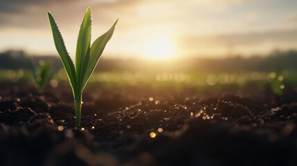 Poster - Young green plant emerges from fertile soil, illuminated by soft morning light, adorned with glistening dew drops, representing hope and new beginnings
