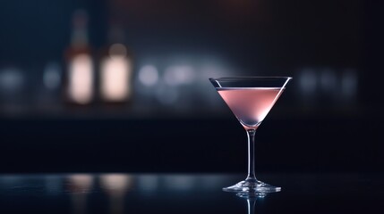 Poster - A martini glass filled with clear liquid captures soft light, standing on a reflective surface against a blurred dark background, emphasizing elegance and simplicity