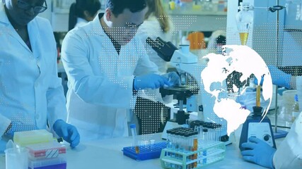 Aufkleber - gloved hand passing tube to scientist, spreading sample, examining under scope under globe overlay