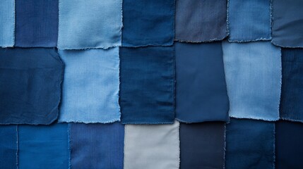 Poster - Various shades of blue denim are intricately arranged in a grid pattern, highlighting sustainable fashion through texture and stitching details in this artistic display