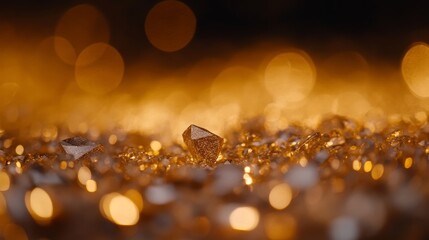 Poster - A close-up view captures golden glitter particles suspended in mid-air, surrounded by soft bokeh lights, creating an elegant and dynamic abstract setting